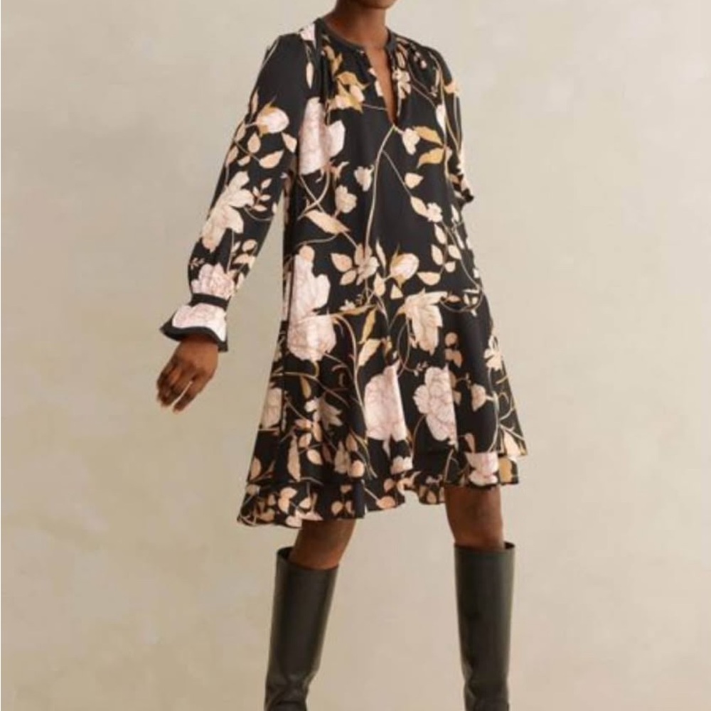 Floral Long Sleeve Dress - Black and Cream
